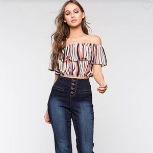 A’gaci Multi Stripe Flounce Off Shoulder Top sizeL